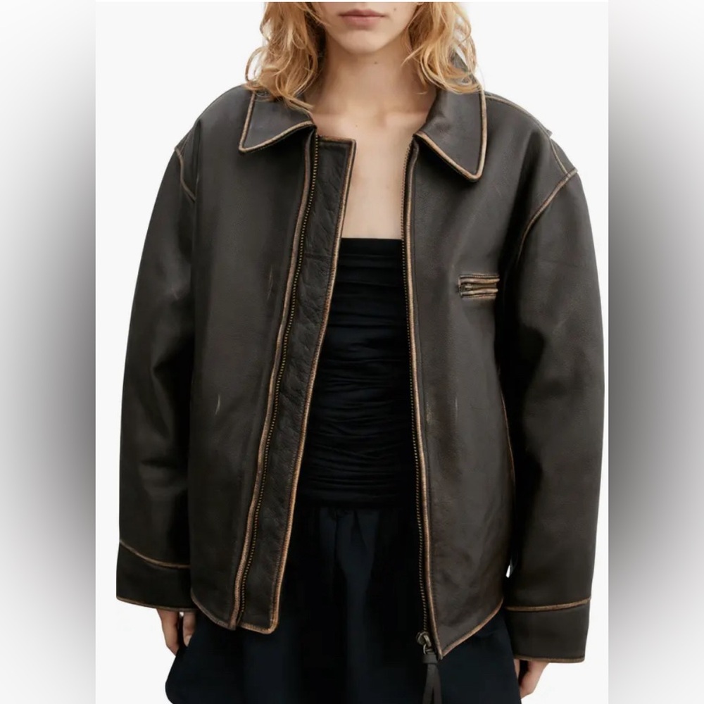 Mango Oversized Worn Leather Jacket